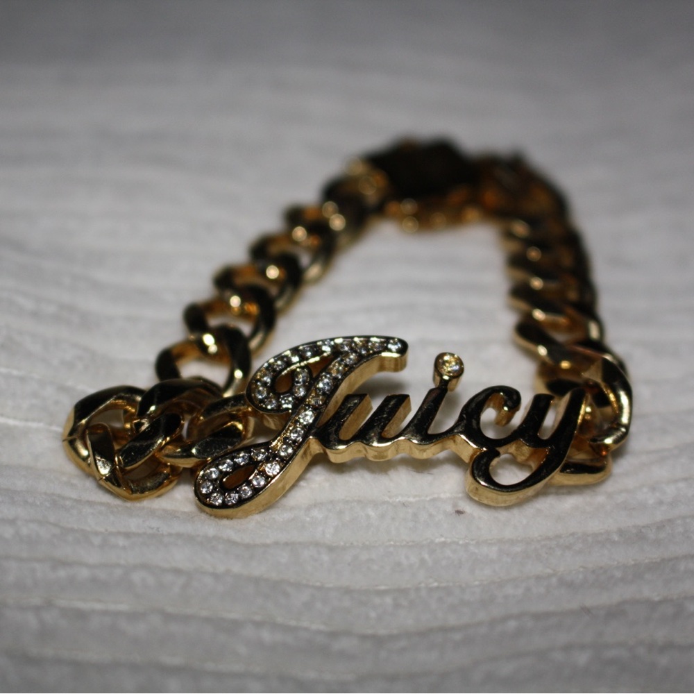 Juicy Couture Vintage Gold Tone Heavy ID Style Chain Rhinestone Bracelet